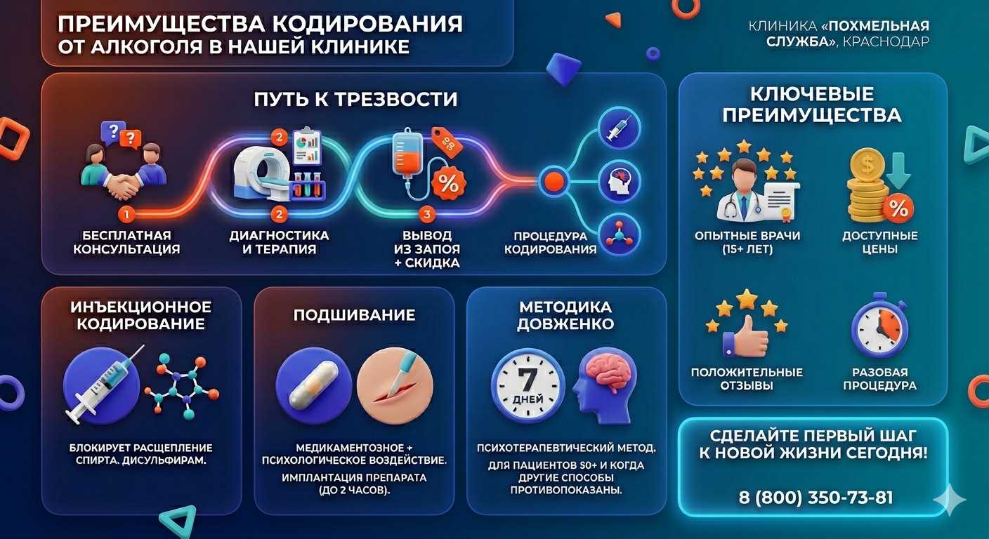 Инфографика о методах кодирования от алкоголя в ЮАО Москвы: инъекции, подшивание, метод Довженко. Преимущества клиники и этапы лечения.